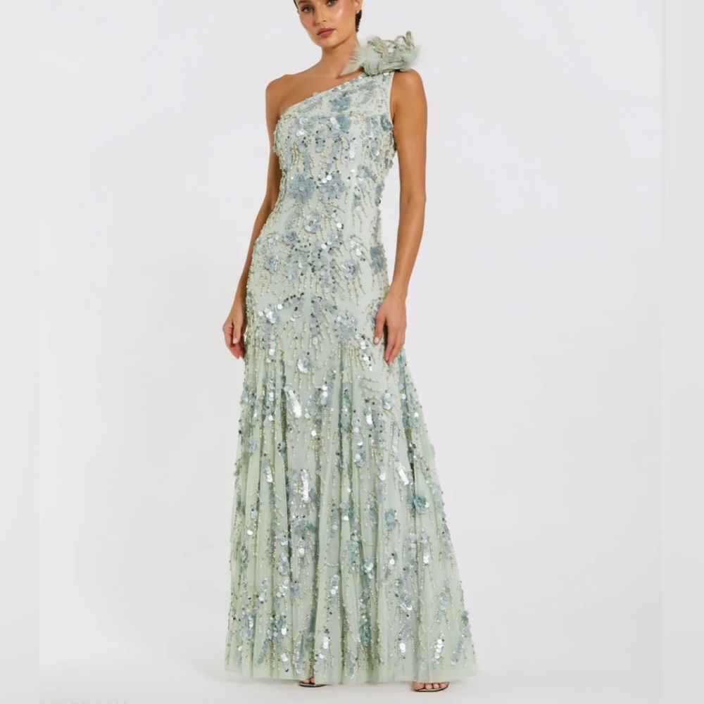 Mac Duggal One-Shoulder Sequin Gown in Light Blue